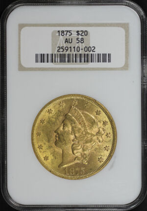 Obverse of this 1875 Liberty Head $20 Type 2 NGC AU-58