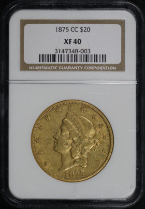 Obverse of this 1875-CC Liberty Head $20 Type 2 NGC XF-40