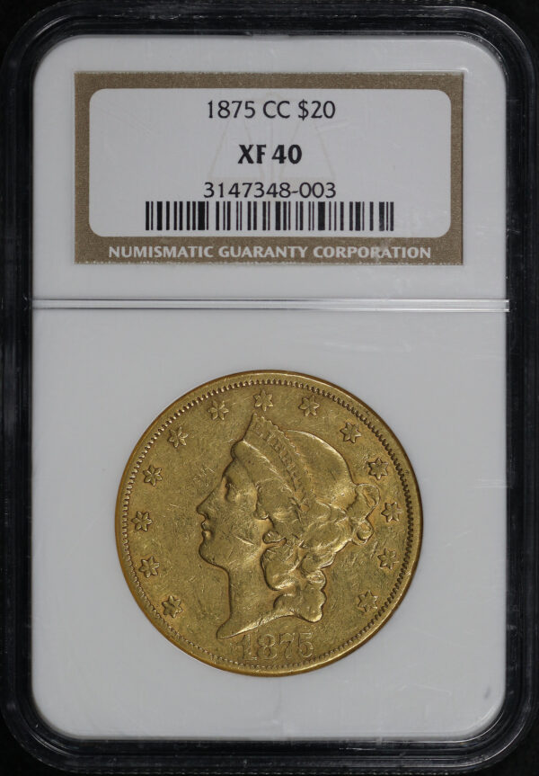 Obverse of this 1875-CC Liberty Head $20 Type 2 NGC XF-40