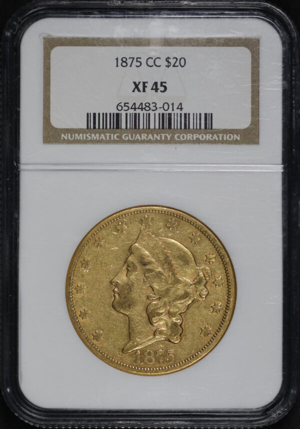 Obverse of this 1875-CC Liberty Head Type 2 $20 NGC XF-45