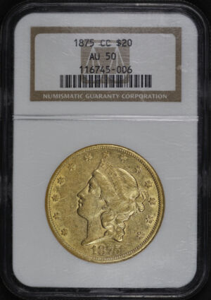 Obverse of this 1875-CC Liberty Head $20 NGC AU-50