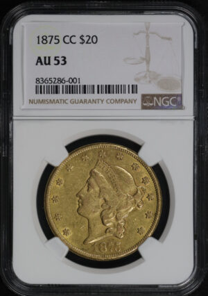 Obverse of this 1875-CC Liberty Head $20 Type 2 NGC AU-53