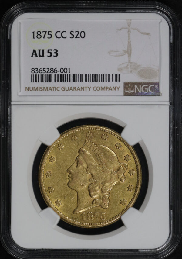 Obverse of this 1875-CC Liberty Head $20 Type 2 NGC AU-53