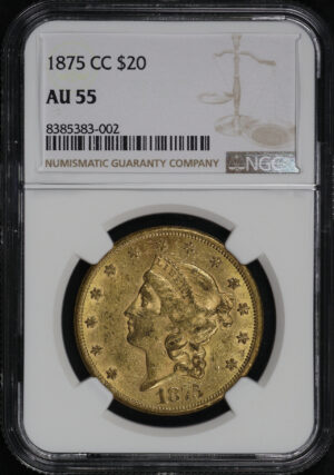 Obverse of this 1875-CC Liberty Head $20 NGC AU-55