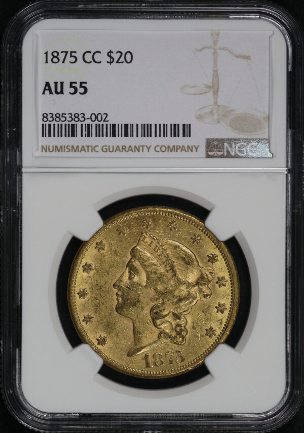 Obverse of this 1875-CC Liberty Head $20 NGC AU-55