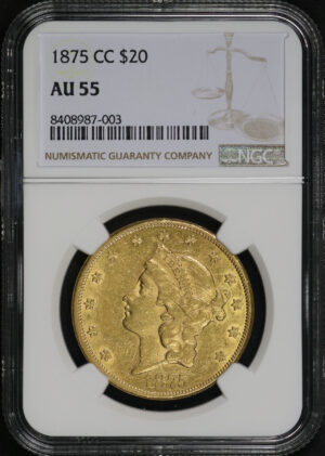 Obverse of this 1875-CC Liberty Head $20 NGC AU-55