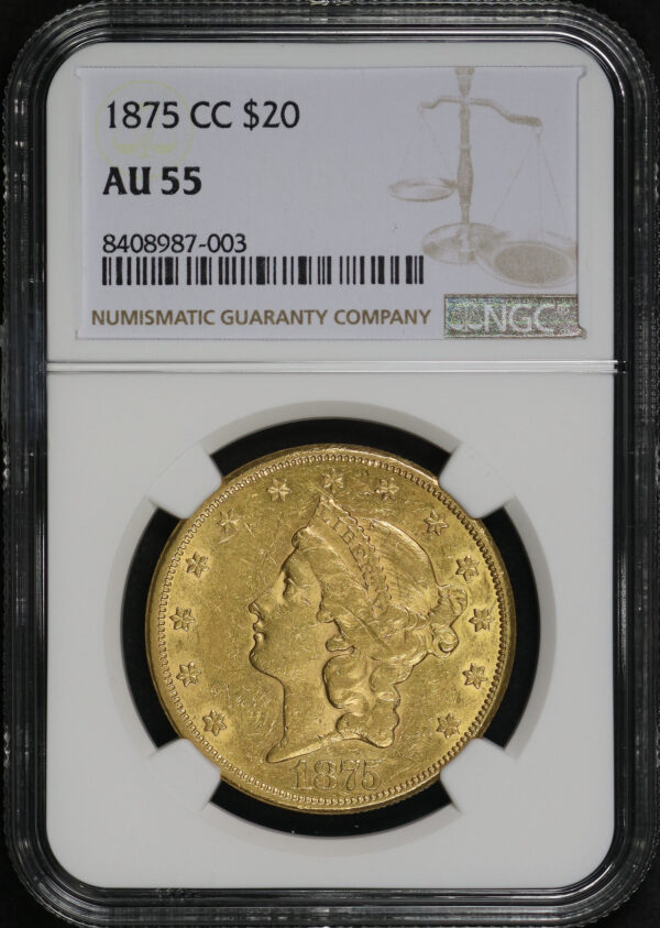 Obverse of this 1875-CC Liberty Head $20 NGC AU-55