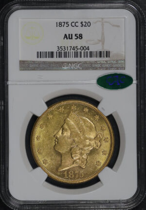 Obverse of this 1875-CC Liberty Head $20 NGC AU-58 CAC