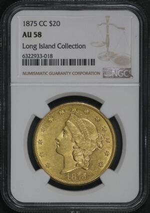 Obverse of this 1875-CC Liberty Head $20 Type 2 NGC AU-58 Long Island Collection