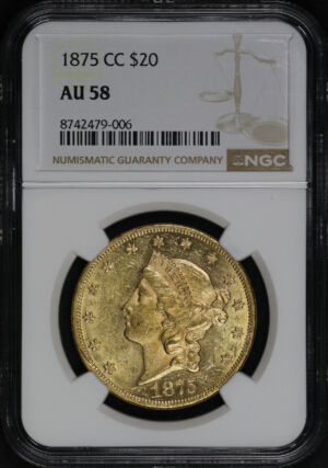 Obverse of this 1875-CC Liberty Head $20 Type 2 NGC AU-58
