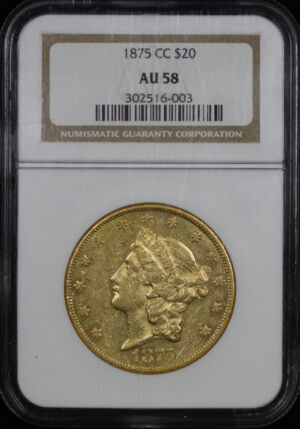 Obverse of this 1875-CC Liberty Head $20 NGC AU-58