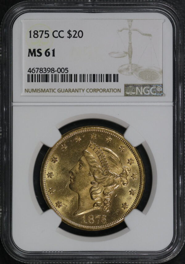 Obverse of this 1875-CC Liberty Head $20 Type 2 NGC MS-61
