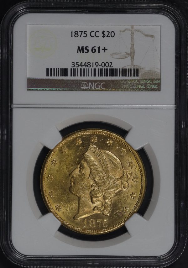 Obverse of this 1875-CC Liberty Head $20 Type 2 NGC MS-61+