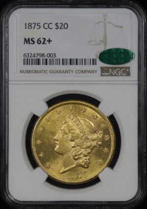 Obverse of this 1875-CC Liberty Head $20 NGC MS-62+ CAC