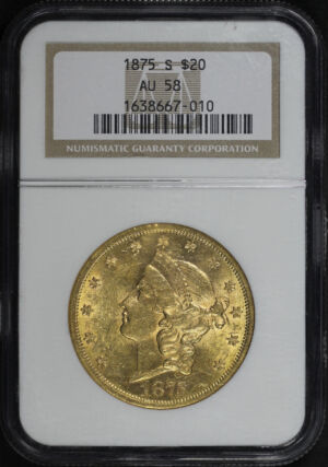 Obverse of this 1875-S Liberty Head $20 Type 2 NGC AU-58