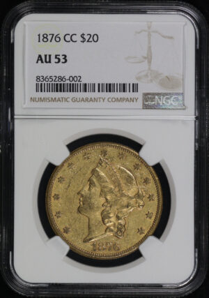 Obverse of this 1876-CC Liberty Head $20 Type 2 NGC AU-53