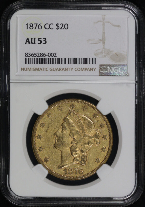 Obverse of this 1876-CC Liberty Head $20 Type 2 NGC AU-53