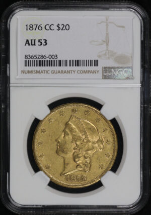 Obverse of this 1876-CC Liberty Head $20 Type 2 NGC AU-53