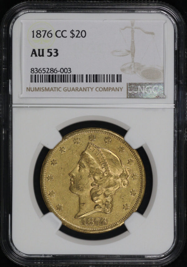 Obverse of this 1876-CC Liberty Head $20 Type 2 NGC AU-53