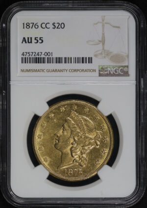 Obverse of this 1876-CC Liberty Head $20 Type 2 NGC AU-55
