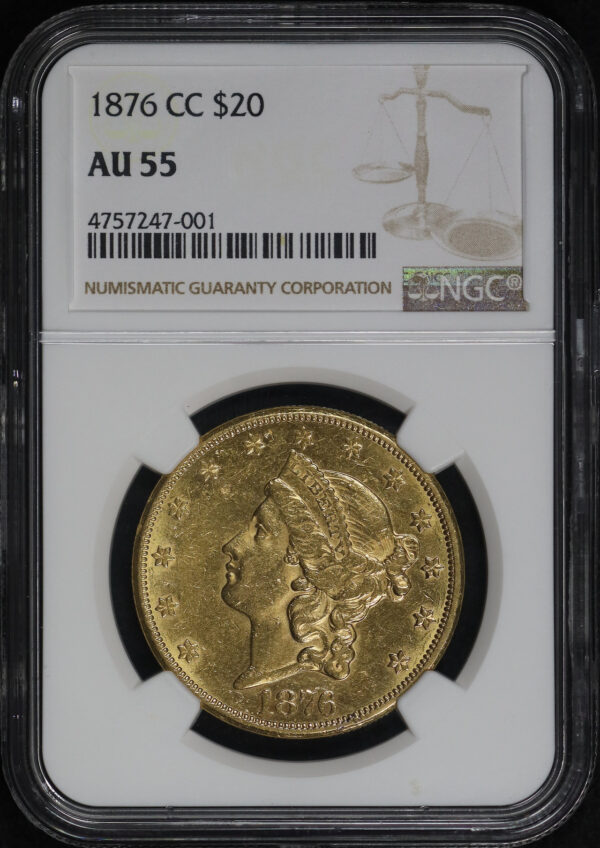 Obverse of this 1876-CC Liberty Head $20 Type 2 NGC AU-55