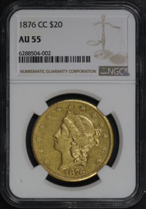 Obverse of this 1876-CC Liberty Head $20 Type 2 NGC AU-55