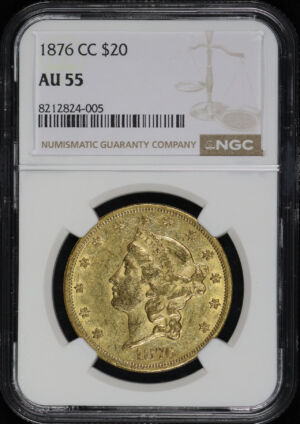 Obverse of this 1876-CC Liberty Head $20 NGC AU-55