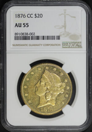 Obverse of this 1876-CC Liberty Head $20 NGC AU-55