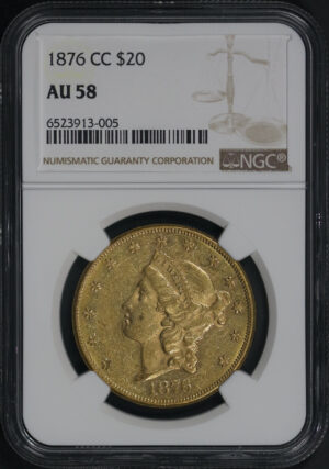 Obverse of this 1876-CC Liberty Head $20 Type 2 NGC AU-58