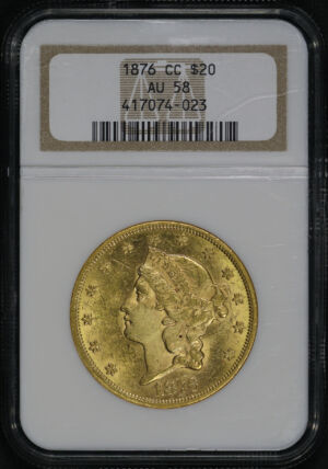 Obverse of this 1876-CC Liberty Head $20 NGC AU-58