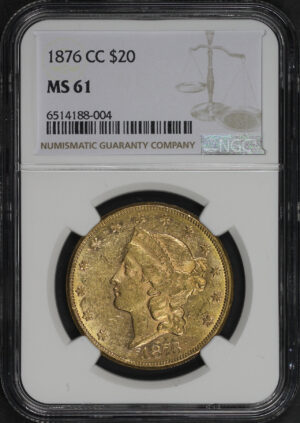 Obverse of this 1876-CC Liberty Head $20 Type 2 NGC MS-61