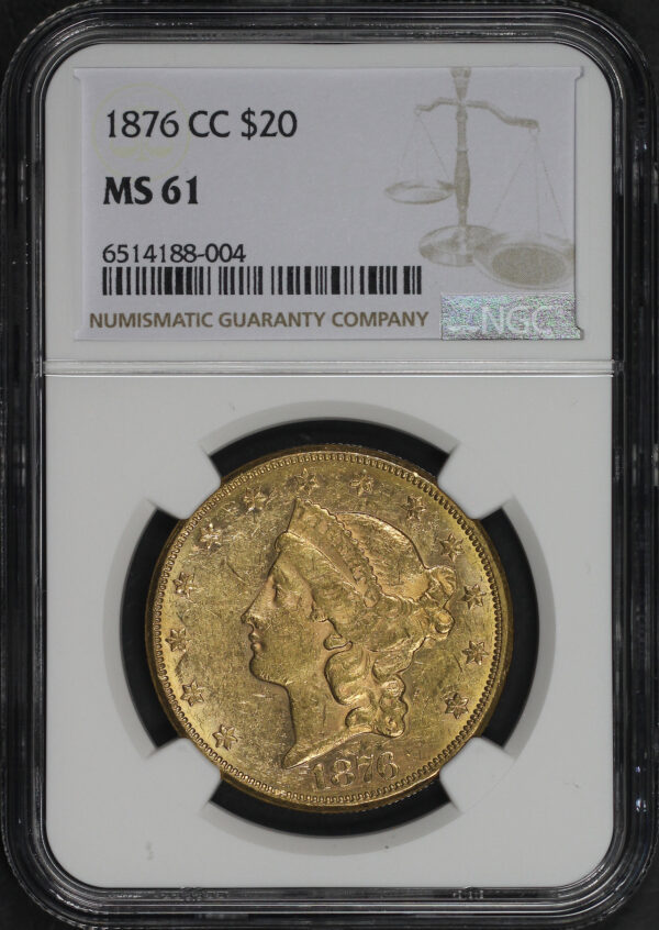 Obverse of this 1876-CC Liberty Head $20 Type 2 NGC MS-61