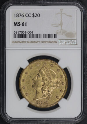Obverse of this 1876-CC Liberty Head $20 Type 2 NGC MS-61