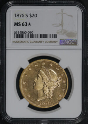 Obverse of this 1876-S Liberty Head $20 Type 2 NGC MS-63★
