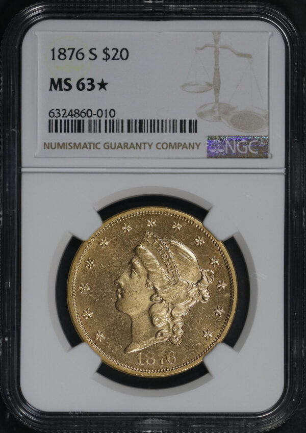 Obverse of this 1876-S Liberty Head $20 Type 2 NGC MS-63★