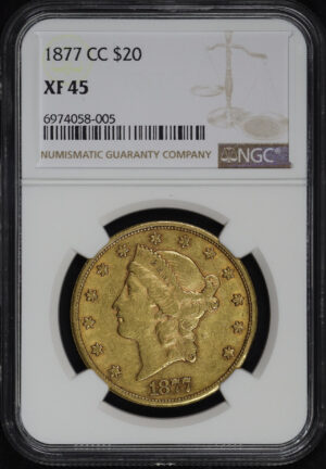 Obverse of this 1877-CC Liberty Head $20 Type 3 NGC XF-45