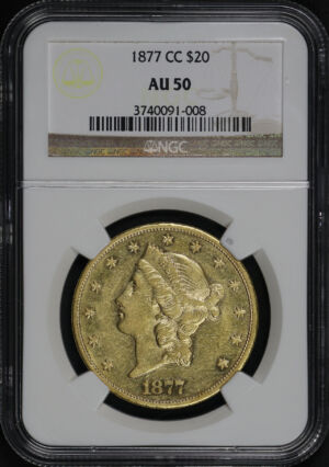 Obverse of this 1877-CC Liberty Head $20 Type 3 NGC AU-50