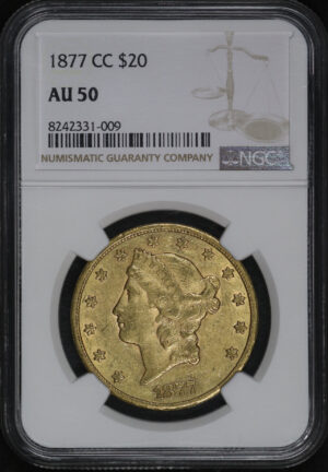 Obverse of this 1877-CC Liberty Head $20 Type 3 NGC AU-50
