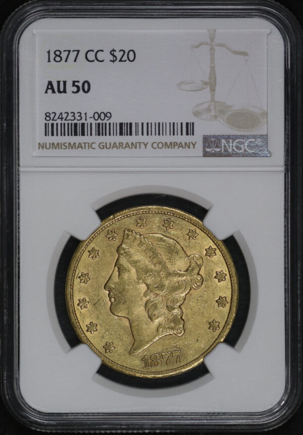 Obverse of this 1877-CC Liberty Head $20 Type 3 NGC AU-50