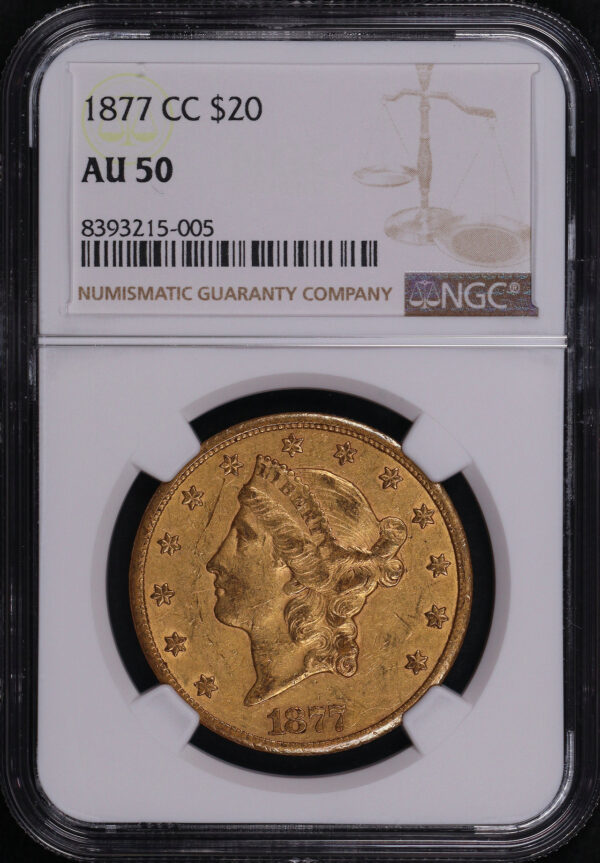 Obverse of this 1877-CC Liberty Head $20 Type 3 NGC AU-50