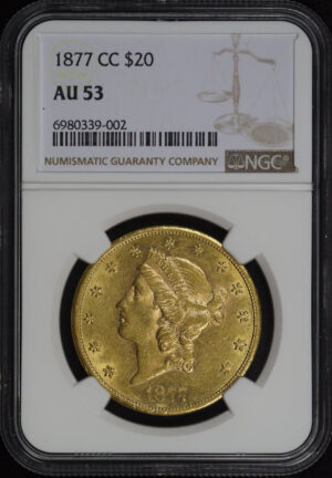 Obverse of this 1877-CC Liberty Head $20 Type 3 NGC AU-53