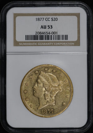 Obverse of this 1877-CC Liberty Head $20 Type 3 NGC AU-53