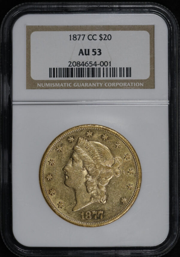 Obverse of this 1877-CC Liberty Head $20 Type 3 NGC AU-53