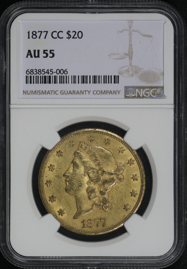 Obverse of this 1877-CC Liberty Head $20 Type 3 NGC AU-55