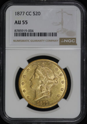 Obverse of this 1877-CC Liberty Head $20 Type 3 NGC AU-55