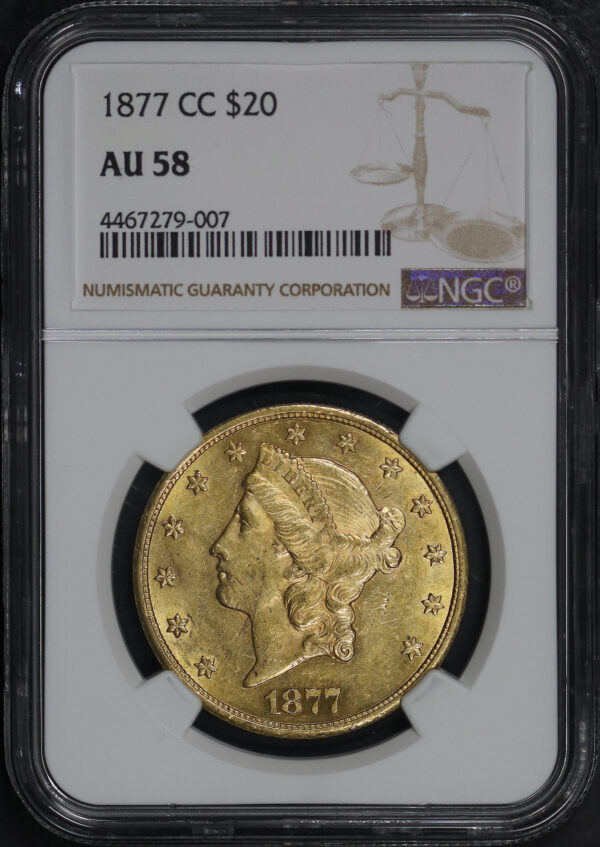 Obverse of this 1877-CC Liberty Head $20 Type 3 NGC AU-58