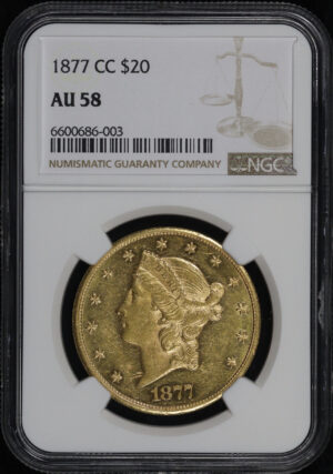 Obverse of this 1877-CC Liberty Head $20 Type 3 NGC AU-58