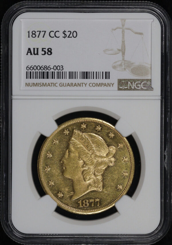 Obverse of this 1877-CC Liberty Head $20 Type 3 NGC AU-58