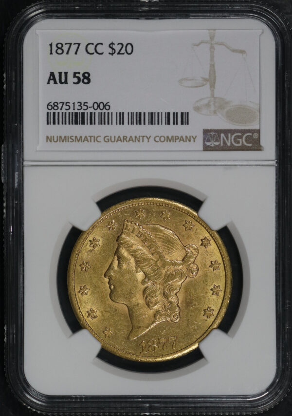Obverse of this 1877-CC Liberty Head $20 Type 3 NGC AU-58