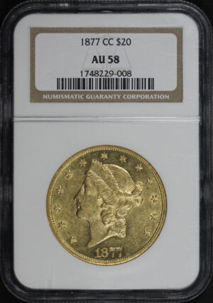 Obverse of this 1877-CC Liberty Head $20 Type 3 NGC AU-58